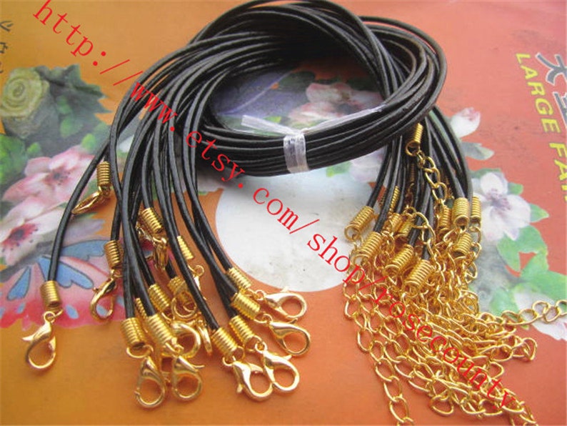 Wholesale 100pcs 18 inch 2mm Black real leather cord necklace with Gold plated lobster clasps plus 2 inch extender image 1