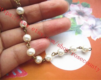 1pcs 6mm white glass pearl ball link chains--antiqued bronze links