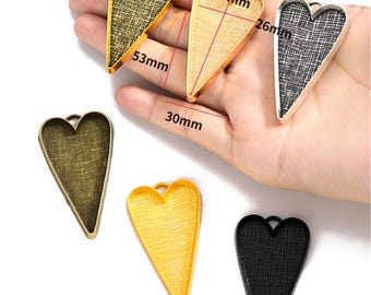 New color 20pcs 53x30mm antiqued silver/antiqued bronze/bright gold/black heart bezel trays pendant blanks findings(fit 42x25mm cabochon)