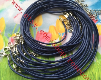 50 cordones de cuero encerado azul marino para collares con cierres plateados (2 mm)
