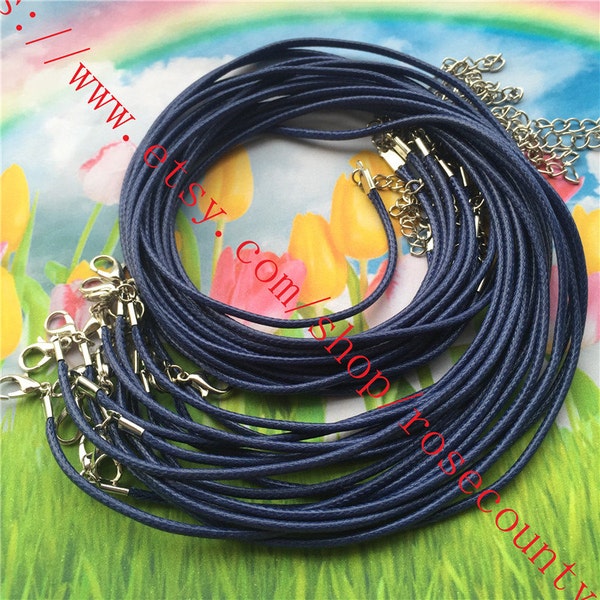 Wholesale 50pcs 12-24 inch for your choose 2mm thickness Navy Blue korea wax leather necklace cords/silver lobster clasps