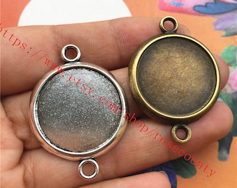 20 bandejas de bisel de plata/bronce envejecido: conectores de dijes redondos (22 mm)