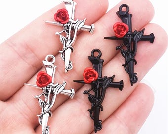 Rose Thorn Cross Pendant: Black & Antiqued Silver Alloy Charms (20pcs)