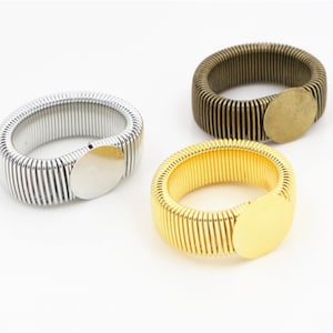 May include: Three expandable metal rings with a round, flat, metal disc attached to each. The rings are silver, gold, and bronze.