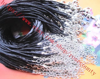 Wholesale 100pcs 16 inch 1.5mm Black satin rat-tail  cord necklace with lobster clasps plus 2 inch extender