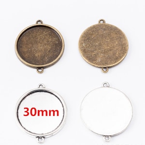 Wholesale 20pcs 30mm (cabochon size size)round bezel trays pendant findings connectors--2 loops