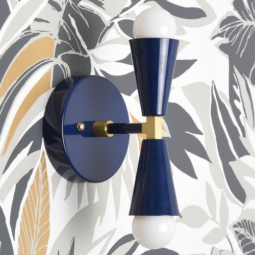 Navy Blue & Brass Wall Sconce Modern Vanity Light Mid - Etsy