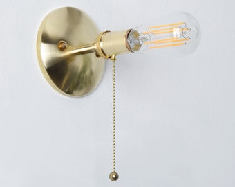 Industrial Pull Chain Light - Wall Sconce - Raw Brass - Mid Century - Modern - Closet Light - Bathroom Vanity [MONTVERDE]