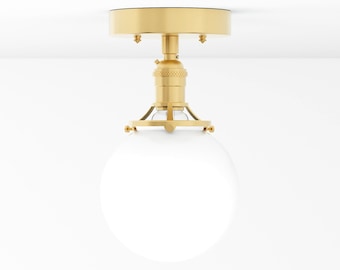 Semi Flush Ceiling Light - Raw Brass - Mid Century - Modern - Industrial - Glass Globe - Ceiling Lighting - UL Listed [HIGHLAND]