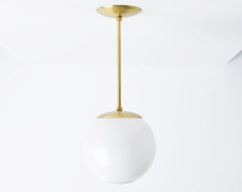 Globe Pendant Light - Raw Brass - Mid Century Modern - Industrial - Neckless White Globe - Kitchen Lighting - UL Listed [VISTA]