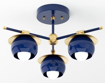 Semi Flush Ceiling Light - Navy Blue & Brass - Hanging Light - Mid Century - Modern - Industrial - UL Listed [ANAHUAC]