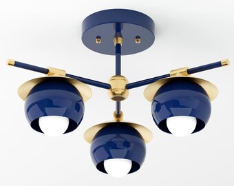 Semi Flush Ceiling Light - Navy Blue & Brass - Hanging Light - Mid Century - Modern - Industrial - UL Listed [ANAHUAC]