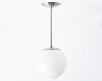 Globe Pendant Light - Brushed Nickel - Mid Century - Modern - Industrial - Neckless White Globe - Kitchen Lighting - UL Listed [VISTA]