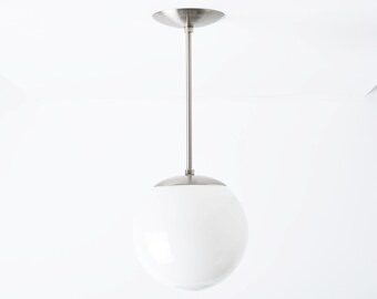 Globe Pendant Light - Brushed Nickel - Mid Century - Modern - Industrial - Neckless White Globe - Kitchen Lighting - UL Listed [VISTA]