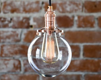 Free Shipping! Pendant Lighting Copper - 6" Clear Glass Globe - Cloth Wire - Ceiling Canopy Mount - Edison Bulb Compatible UL Listed
