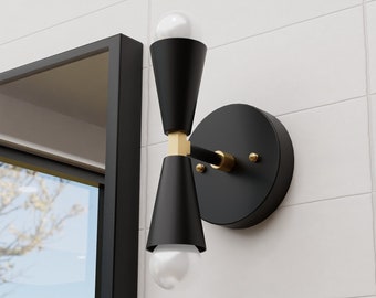 Modern Wall Sconce - 2 Light Black and Brass - Wall Light - Mid Century - Modern - Industrial - Bathroom Vanity - UL Listed [ANSONIA]