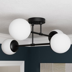 Matte Frosted Glass - Matte Black - Semi Flush - Four Light Fixture - Mid Century Modern - Interior Ceiling Lighting - UL Listed [EVADALE]