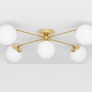 Gloss White Glass Globe Semi Flush - Five Light Ceiling Fixture - Maximalist - Mid Century Modern - Interior Lighting - UL Listed [CORSICA]