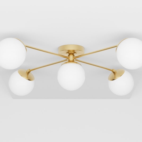 Gloss White Glass Globe Semi Flush - Five Light Ceiling Fixture - Maximalist - Mid Century Modern - Interior Lighting - UL Listed [CORSICA]