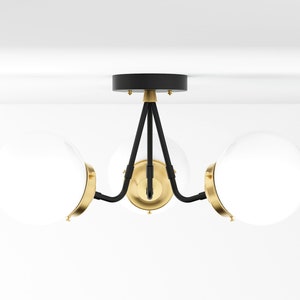 Semi Flush Ceiling Light - Black & Brass - Mid Century - Industrial - Modern - 3 Bulb - Glass Globe - Lighting - UL Listed [FRESNO]