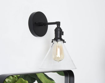 Industrial Wall Sconce - Matte Black - Mid Century - Modern - Wall Light - Glass Shade - Bathroom Vanity [HILLIARD]