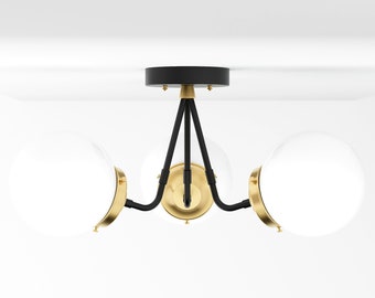 Semi Flush Ceiling Light - Black & Brass - Mid Century - Industrial - Modern - 3 Bulb - Glass Globe - Lighting - UL Listed [FRESNO]