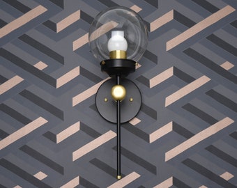 Modern Globe Sconce - Black & Brass - Mid Century - Industrial - Wall Light - Glass Globe - Bathroom Vanity - UL Listed [PIERSON]