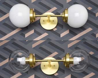 Modern Globe Sconce - 2 Light Vanity Fixture - Raw Brass - Mid Century - Industrial - Wall Light - Bathroom Vanity - UL Listed [SHERIDAN]
