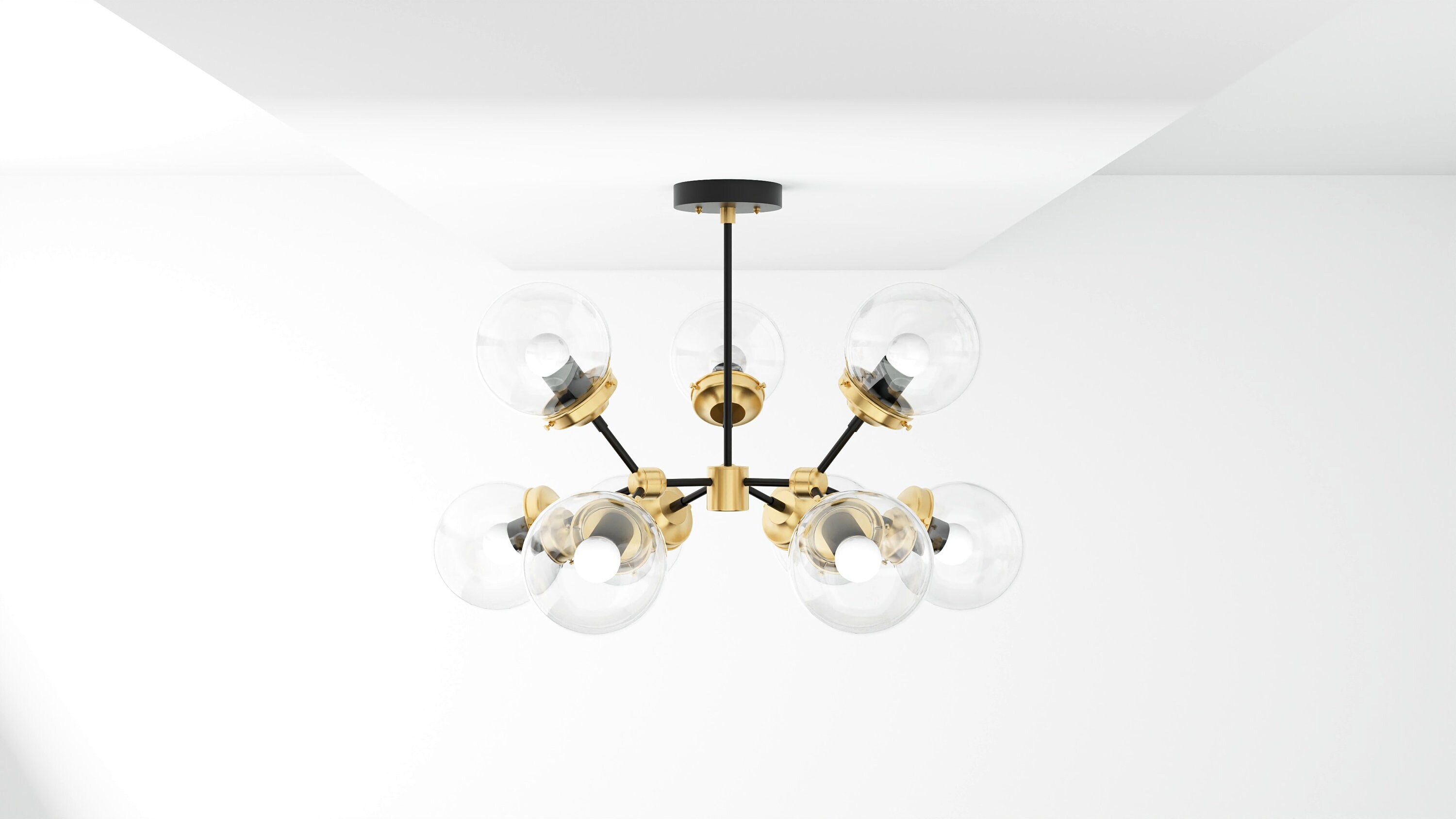 Large Mid Century Modern Dining Chandelier Black and Brass Globe