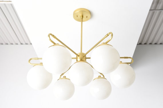 Gloss White Glass Globe Chandelier Sealed Brass Hanging Denmark Gloss White Glass Globe Chandelier, Glass Brass Sphere Chandelier