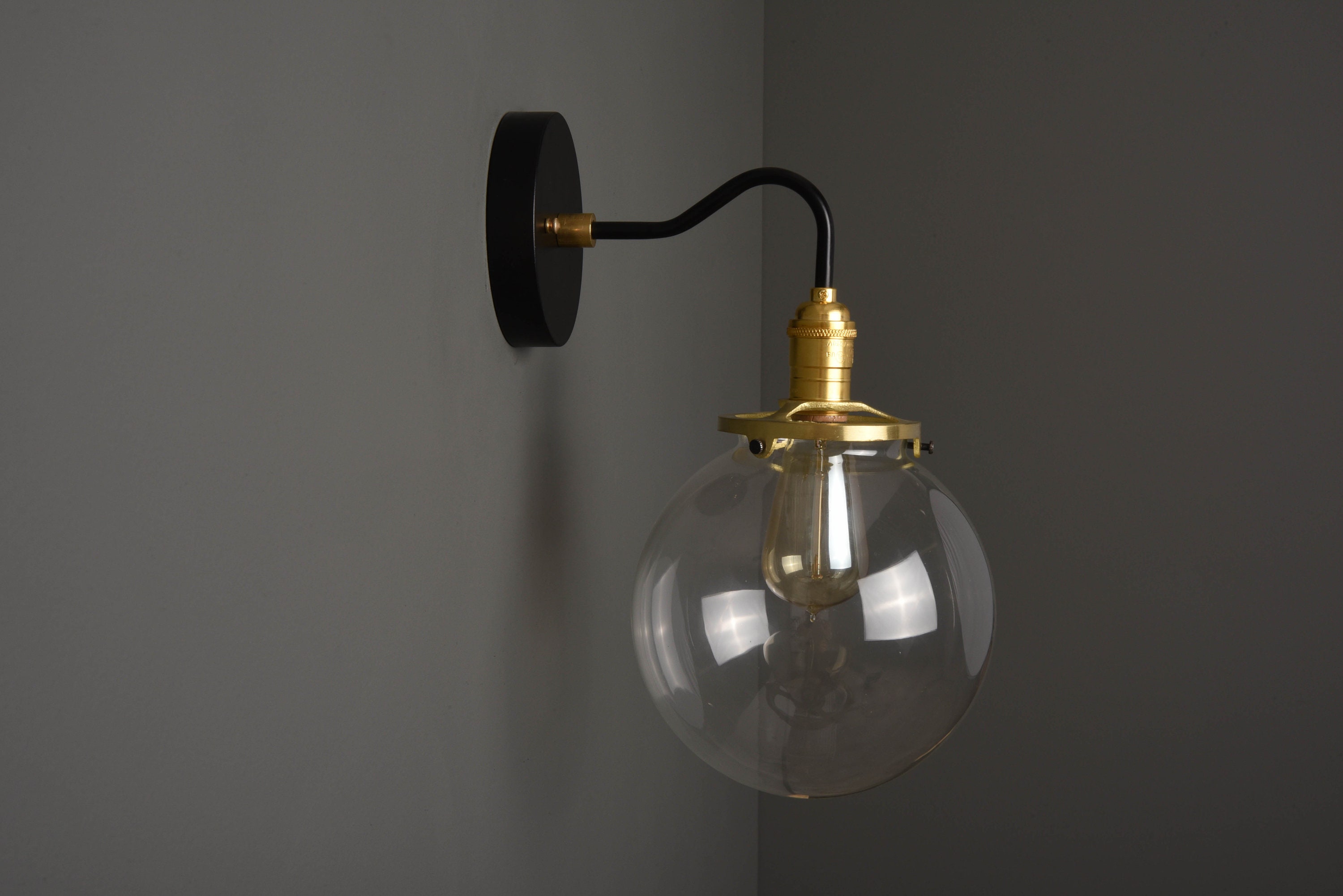 Industrial Globe Light Black & Brass Mid Century Modern 8 inch