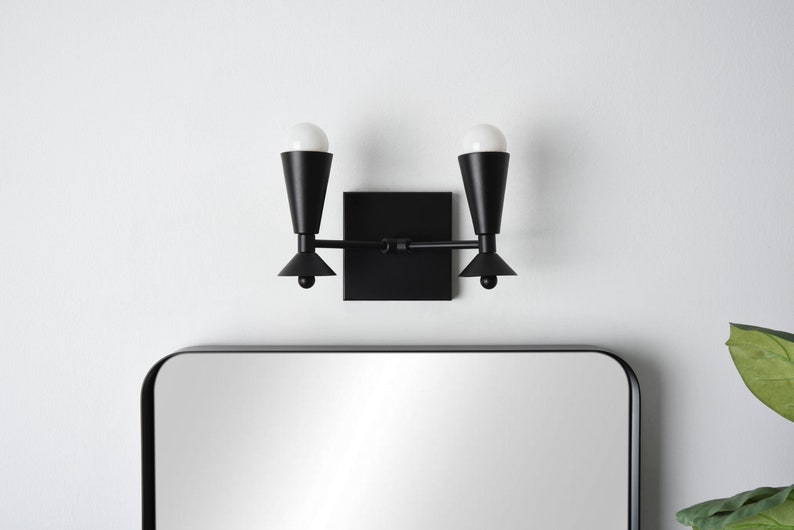 Double Light Wall Sconce Modern Black & Brass Mid Etsy