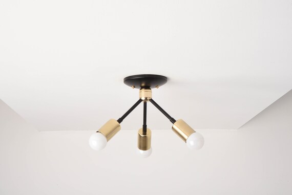 3-Light Semi Flush Mount Ceiling Light Modern Brass and Black Ceiling Light Fixture 3-Light Semi Flush Mount Ceiling Light Modern Brass and Black Ceiling Light Fixture