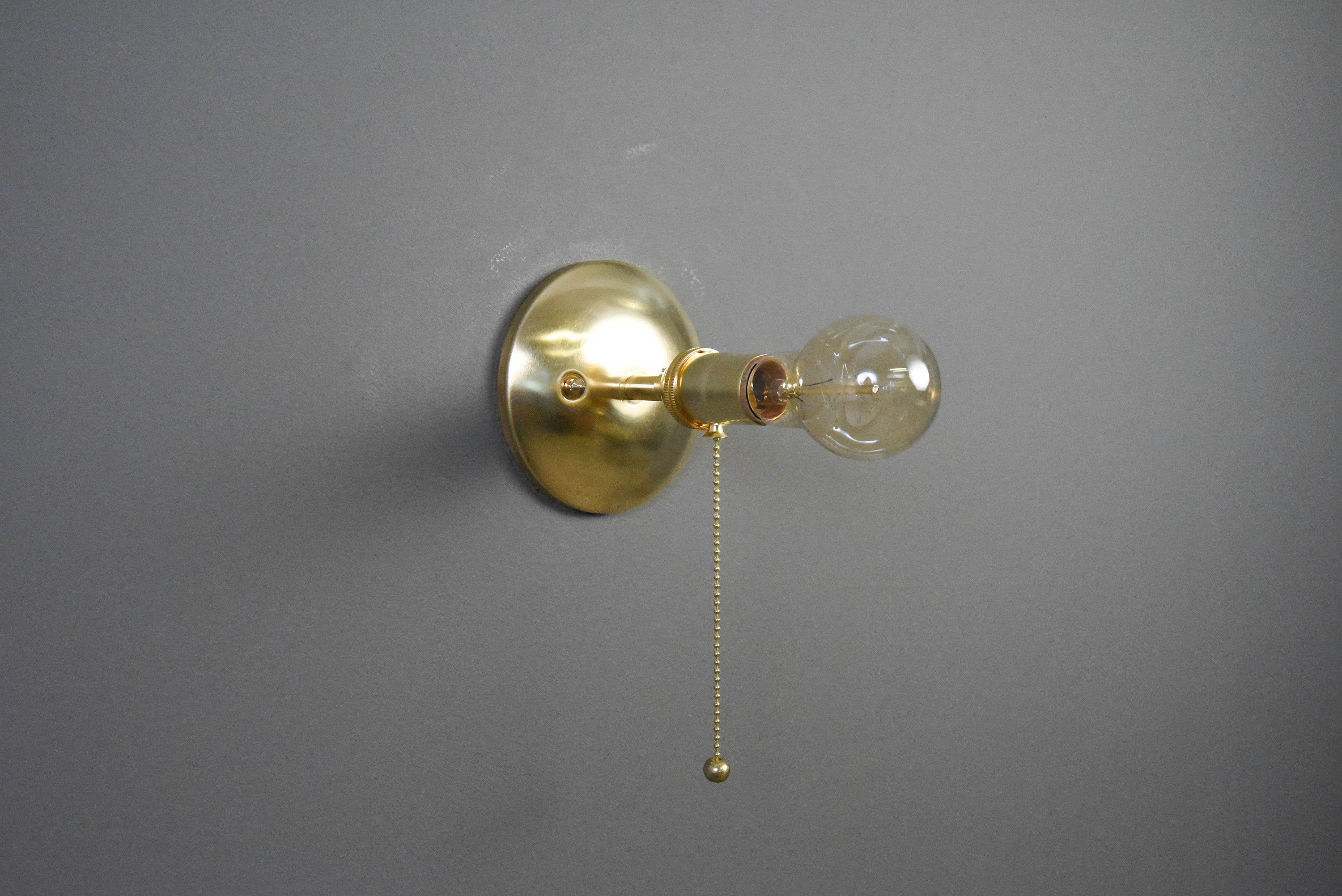 Industrial Pull Chain Light Wall Sconce Raw Brass Mid Century