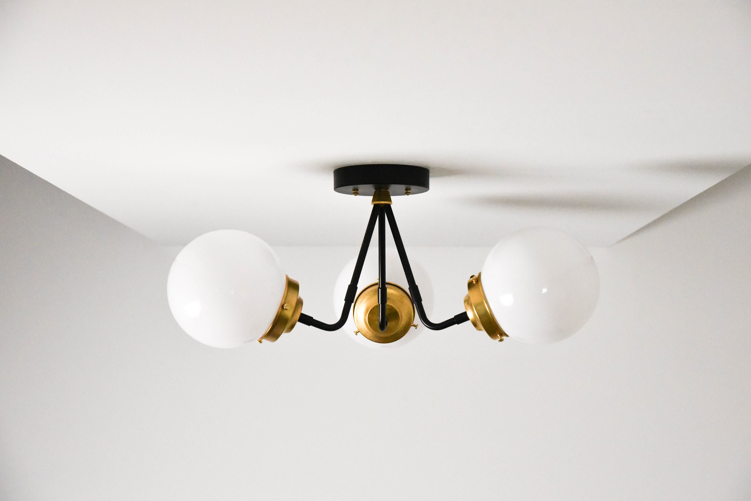 Semi Flush Ceiling Light Black & Brass Mid Century Industrial Modern 3 Bulb Glass Semi Flush Ceiling Light Black & Brass Mid Century Industrial Modern 3 Bulb Glass