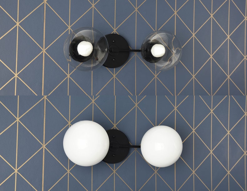 Double Light Vanity Fixture Glass Globes Raw Brass Mid Etsy