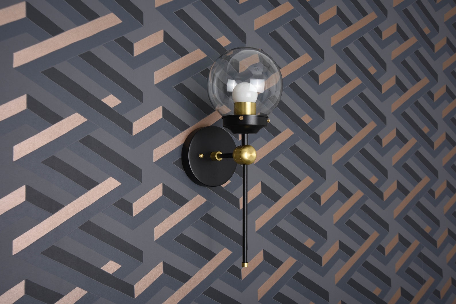 Modern Globe Sconce Black & Brass Mid Century Industrial Etsy UK