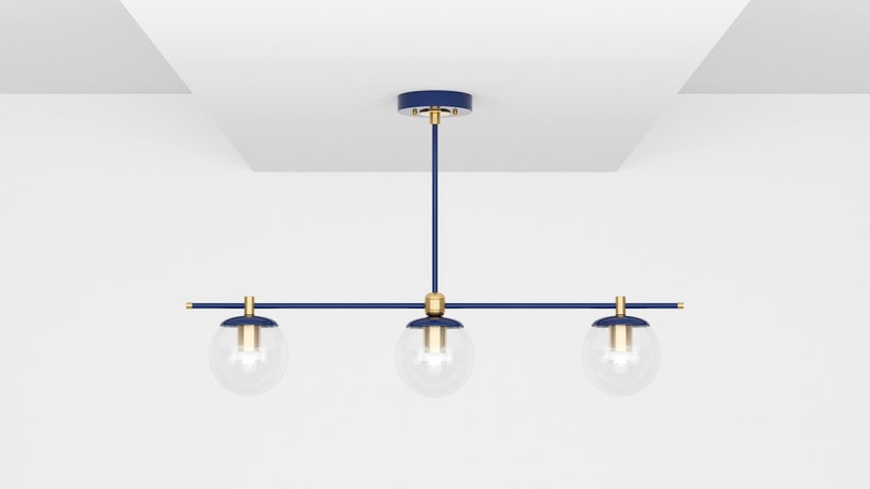 Clear Glass Globe Linear Chandelier Hanging Fixture Maximalist Mid Century Modern Interior Ceiling Lighting UL Listed SIOUX Navy Blue & Brass