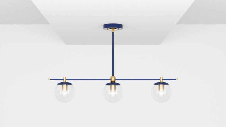 Helderglazen bol lineaire kroonluchter hangende armatuur Maximalist Mid Century Modern plafondverlichting binnen UL vermeld SIOUX Navy Blue & Brass