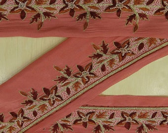 Vintage saree Border Indian Embroidered Wrap pink Ribbon Used Trim Sewing 1YD