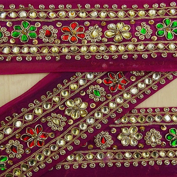 Vintage saree Border Magenta Embroidered Sari Lace Sewing Trim 1 Yard Ribbon.