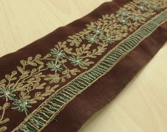 Free Shipping Embroidered Indian Vintage Recycled Border Brown Used Trim Sari Sewing 1YD Lace VB15218
