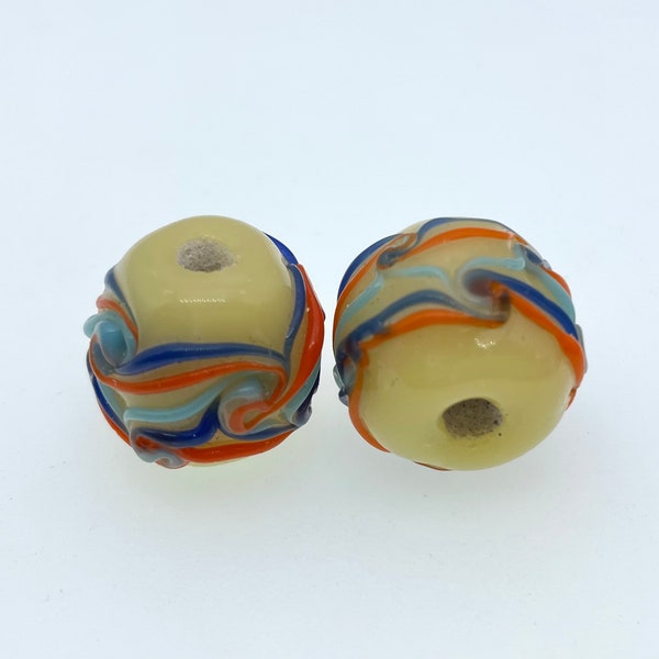 2 PC hand made lamp work beads, cream yellow color with orange, aqua blue and blue swirl stripes 20x20mm (3/4x3/4inch) great for DIY jewelry