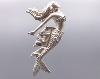 Mermaid pendant or  brooch+pendant. Frost silver plated. (PD03FS) (Sample not included) Original design and copyrighted.