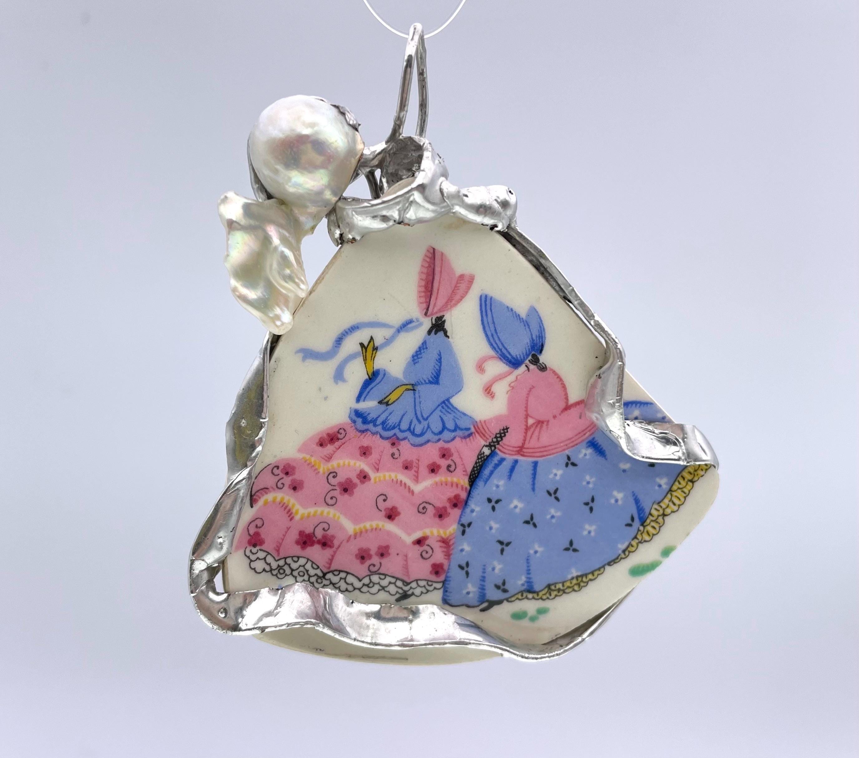 Large Victorian Broken China Pendant With Baroque Pearls, From