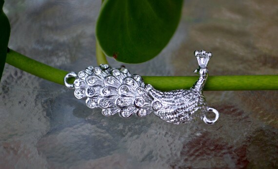 Rhinestone Peacock Magnetic Clasp: Silver Plated Jewelry Connector