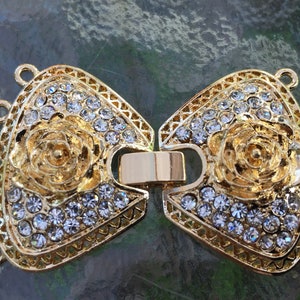 4 or 5 strand gold plated metal watch buckle/fold over clasp, easy on and off, 1 1/4 x 2 inch, with rhinestone and rose design. (WB29)