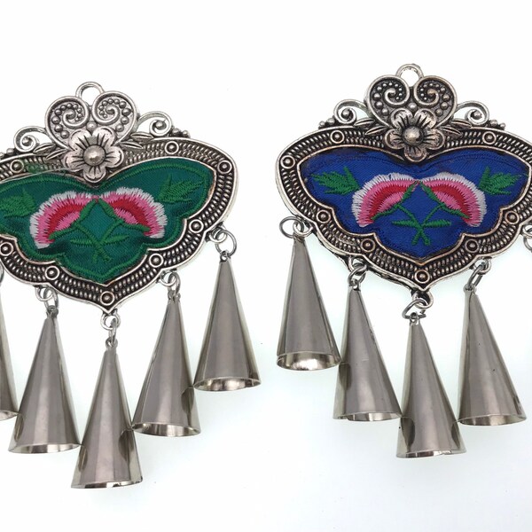 1 PC Embroidered silk tree flower in metal setting pendant with or without bells. Traditional Chinese design. 4 x 2 3/4 inch. Very pretty!