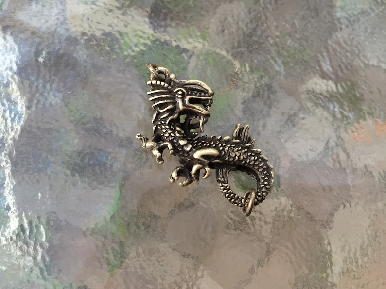 May include: A detailed brass dragon pendant with a curled tail and a ring for attaching a chain.