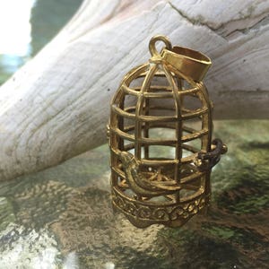 May include: A gold-toned metal birdcage pendant with a detailed design. The cage is open on one side and has a small bird inside. The pendant is hanging from a chain.